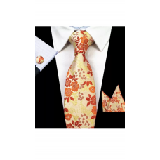 3delige set stropdas manchetknopen pochet oranje geel Bloemetjes